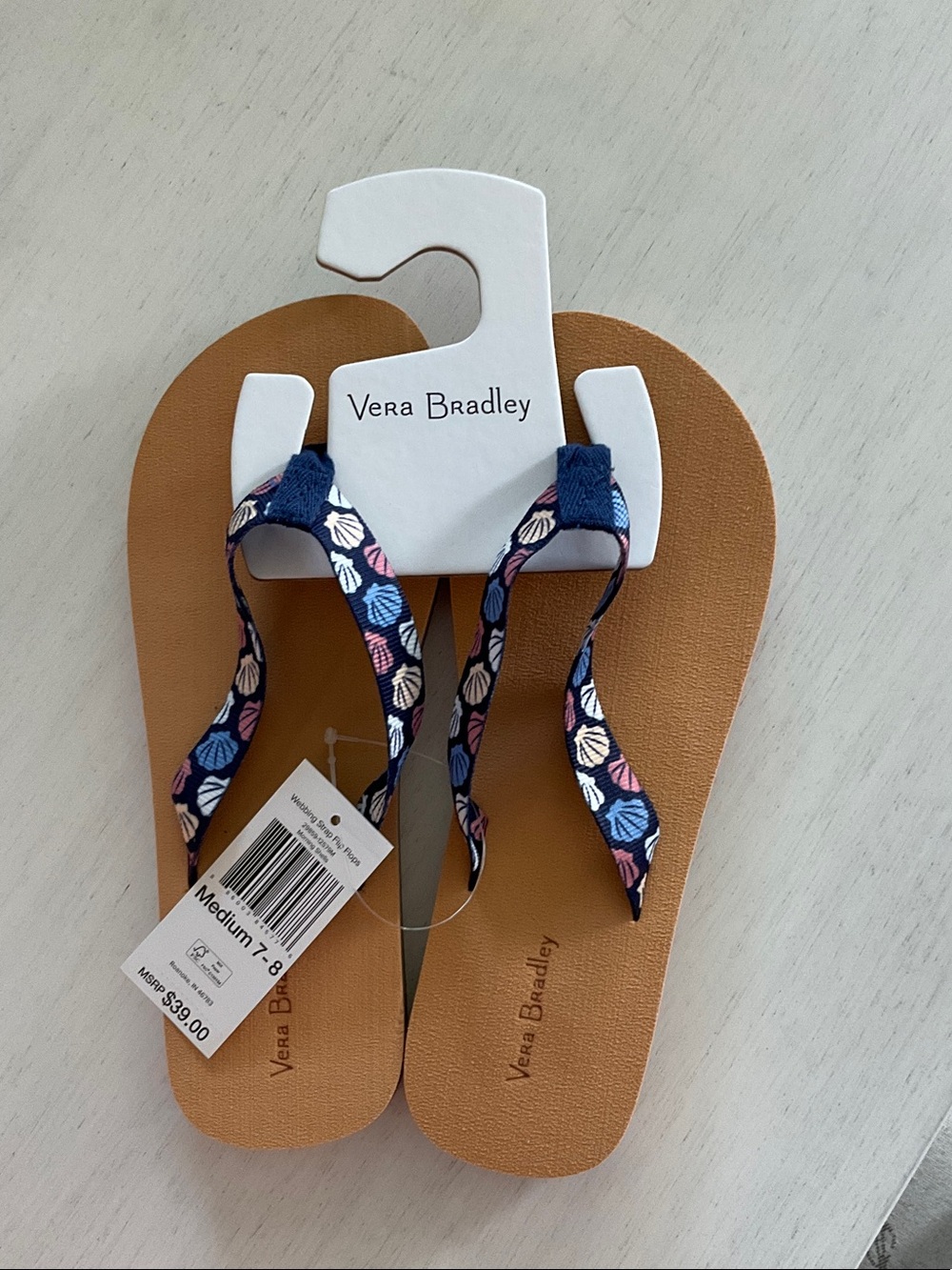 Vera Bradley Navy Floral Strap Flip Flops - Tan Footbed